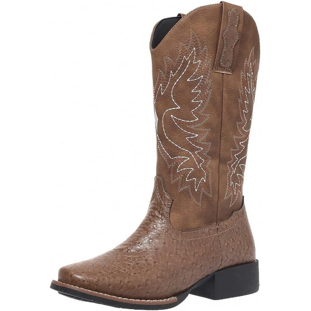 Women's Brown Mid Calf Western Cowgirl Boot Snip Toe Chunky Heel Calf High Boots